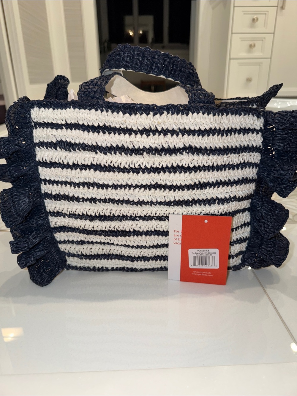 Navy and White Striped Woven Ruffle Tote